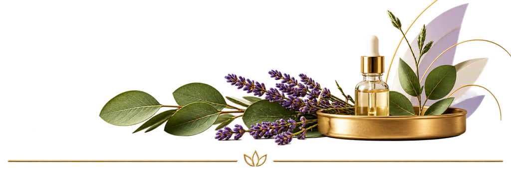 Lavender, eucalyptus, and botanical hair wellness oils with gold accents